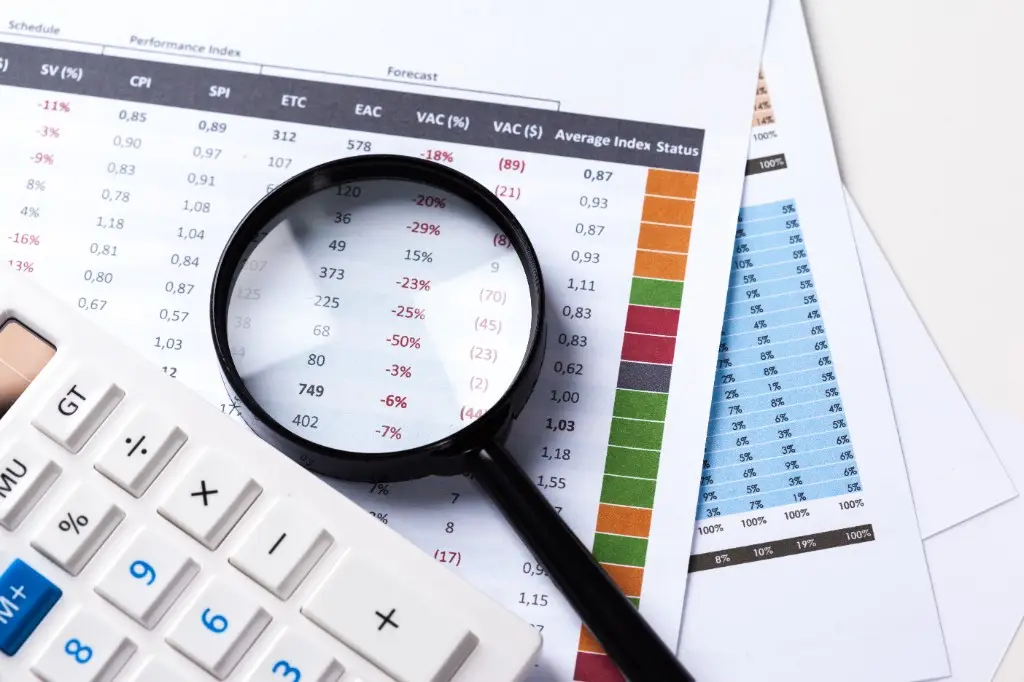 Magnifying glass and calculator over financial performance reports for audit review